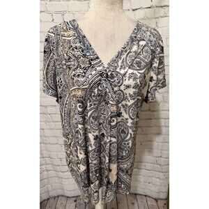 Layne Bryant Blouse, Women's Cream & Blue Paisley / Boho Print Plus Size 14/16